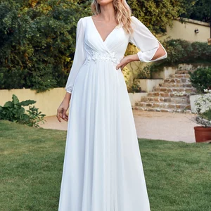 Mishow Simple Divided Mango Kleid Romantische Hochzeits -Elfenbein Horn Lange Brautkleider Blumenspitzen Taille mit V -Wedding -Ausschnitt 11 Hauptverkaufskleid für Verlobungschiffon - №3