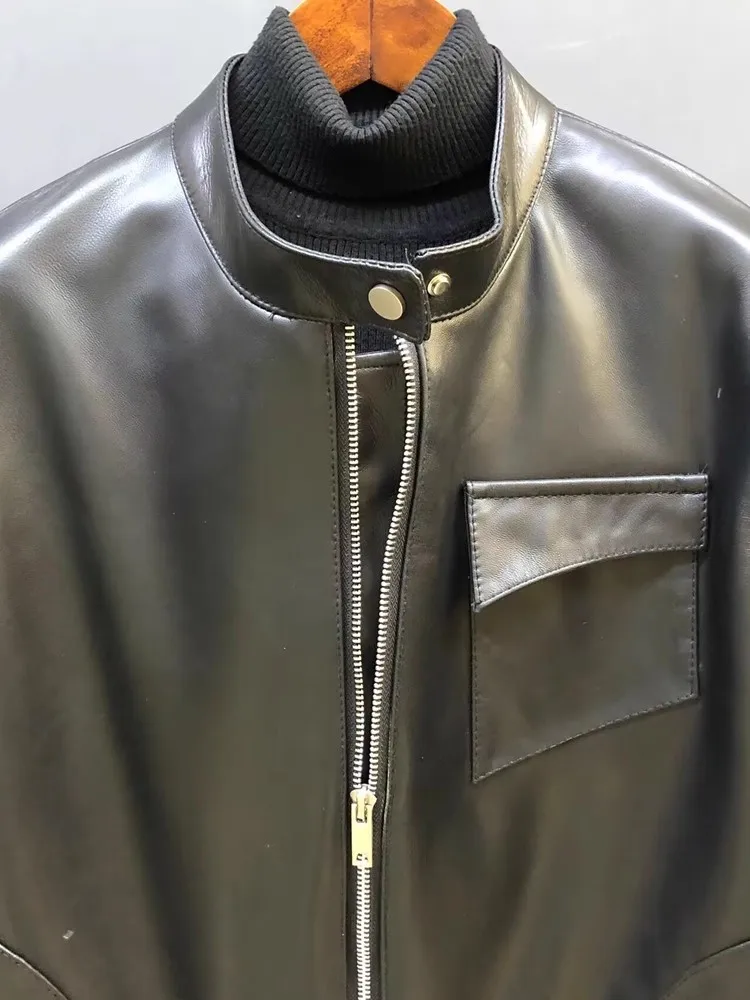 PUNK STAND COLLAR ผู้หญิงของแท้หนังซิปแขนยาว Sashes Cargo Outerwear Streetwear Sheepskin รถจักรยานยนต์สั้นเสื้อ