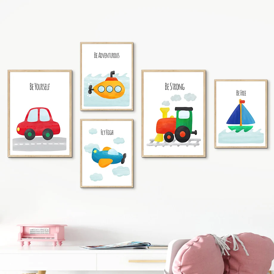 Airplane Train Boat Submarine Cartoon Nursery Wall Art Canvas Painting Nordic Posters And Prints Wall Pictures Child Room Decor