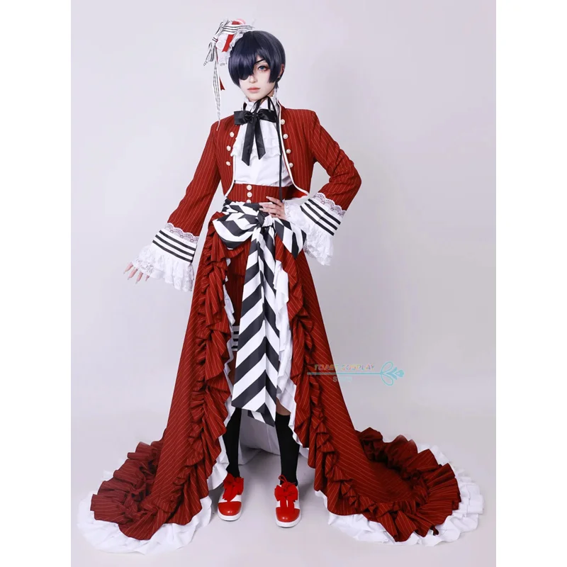 Ciel Black Tea Cup Cosplay Costume Butler Victorian-style Gown Red Gothic Lolita Long Dress Set Wig Halloween Party Costume