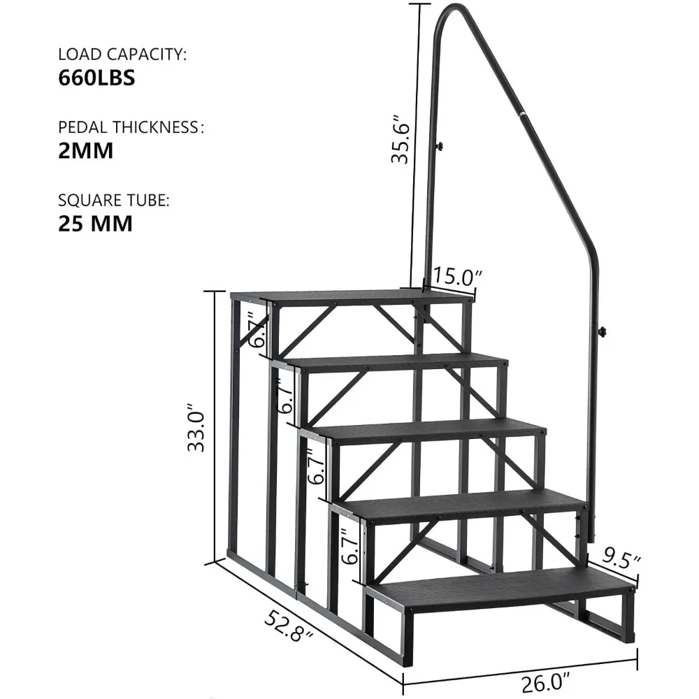 con corrimano, vasca idromassaggio a 5 gradini con corrimano, scale per camper, casa mobile (5 gradini con 1 corrimano)