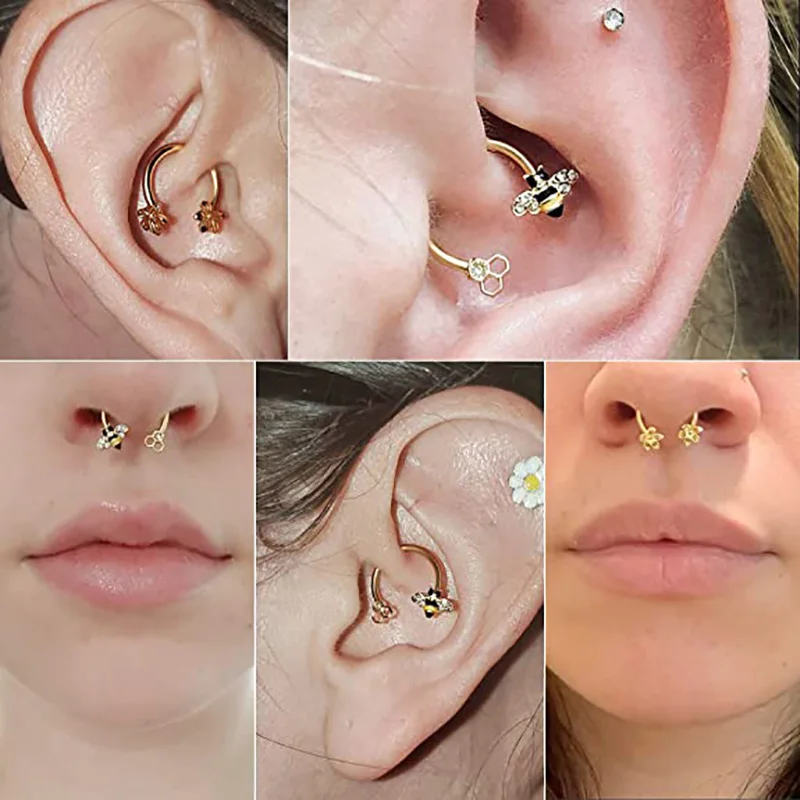 1pc 16G śliczne Bee CZ kółko do przegrody chirurgiczne stalowe zawiasach kolczyk na chrząstkę Hoop kolczyk w nosie Tragus Daith Rook Helix Piercing