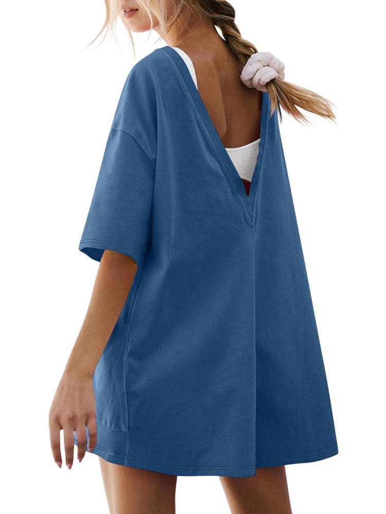 Summer Female Solid Short Rompers Overalls Backless Short Sleeve T-shirt V-neck Loose Casual Pockets Jumpsuits Women\'s Clothing