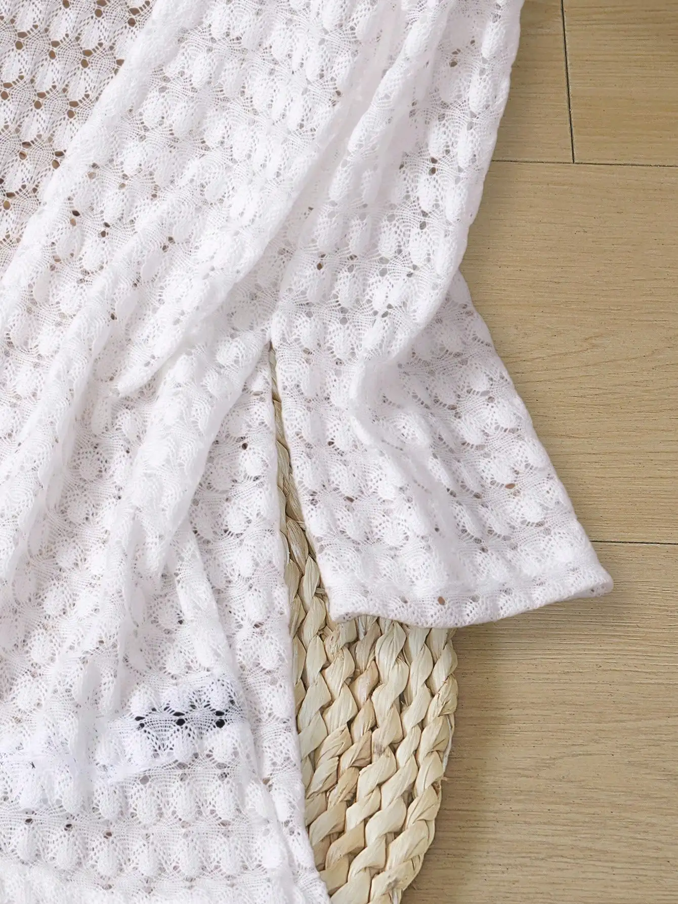 Biały koronkowy kardigan z otwartym przodem dla kobiet, letnia narzutka plażowa, swobodny styl boho z rękawami 3/4