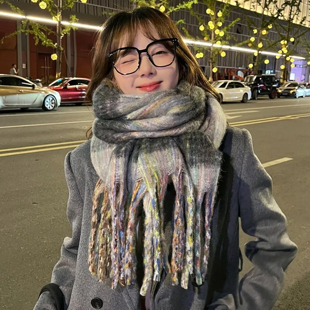 Korean Style Plaid Mohair Scarf Windproof Long Tassels Winter Cashmere Shawl Thickened Keep Warm Imitation Cashmere Scarf Gifts