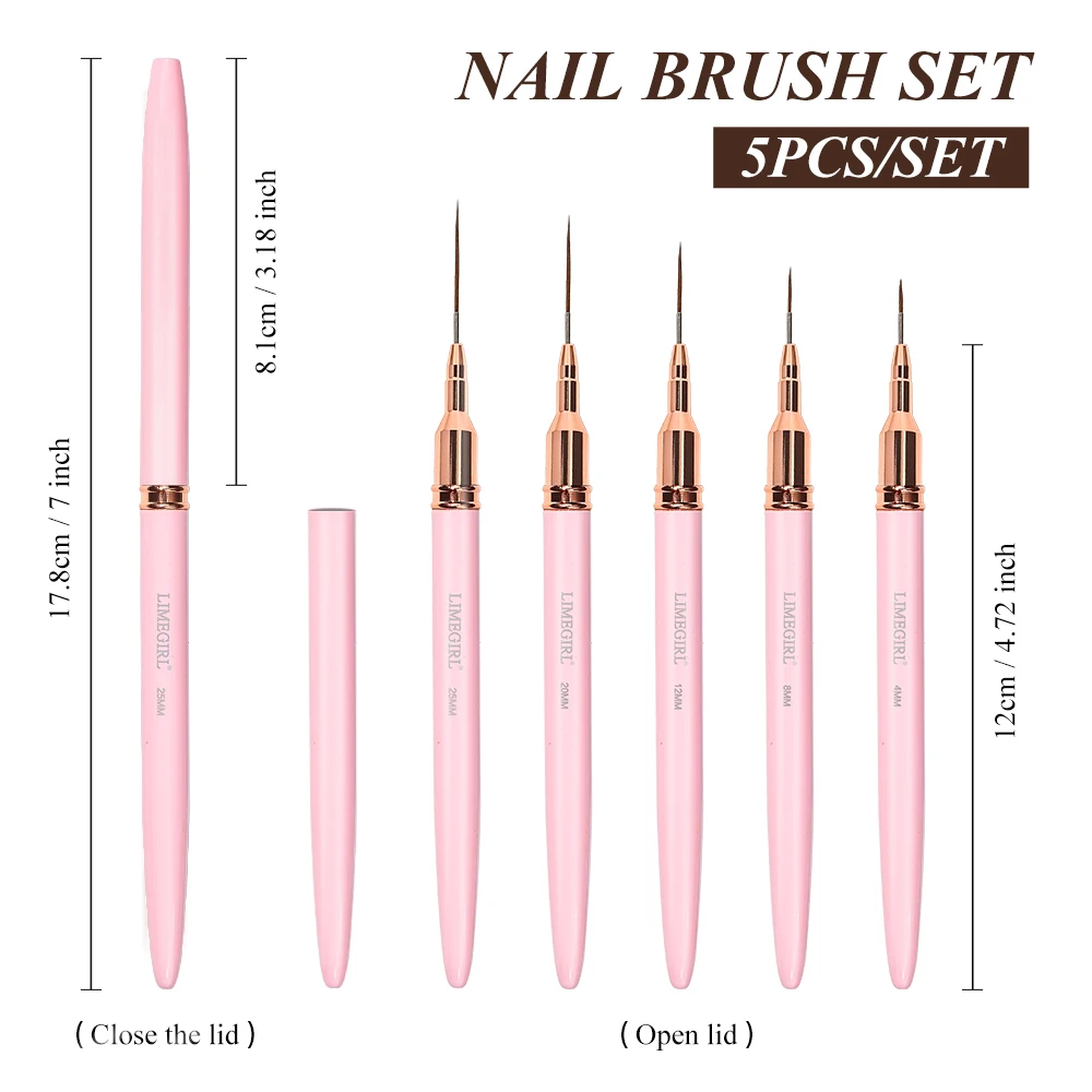 LIMEGIRL 5-teiliges Nagelpinsel-Set, 5/8/12/20/25 mm, Nagel-Liner-Pinsel-Set, Zeichnungslinien, Streifen, Malerei, Blumenstift, Maniküre-Pinsel-Set