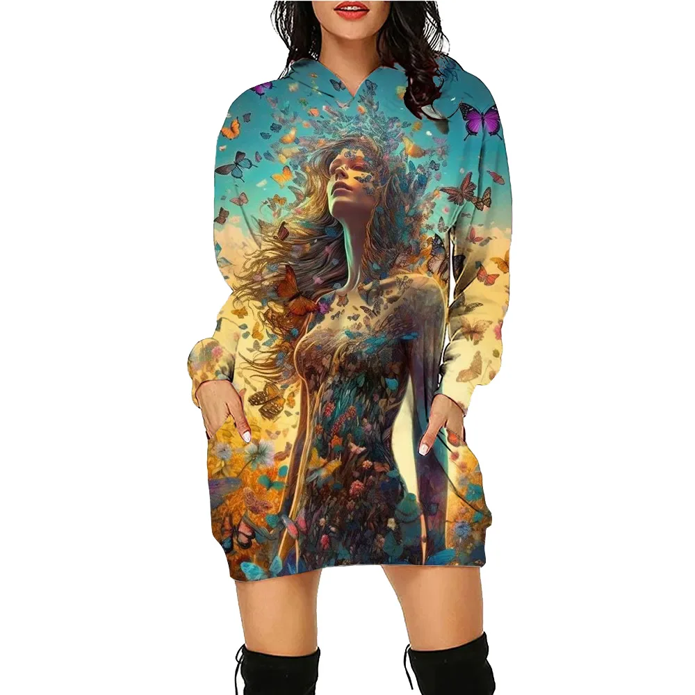 Floral Butterfly Printed Hoodie Dress Women's Face Daily Workout Hoodies Long Sleeve Pullover Autumn Winter Loose Tee Vestido