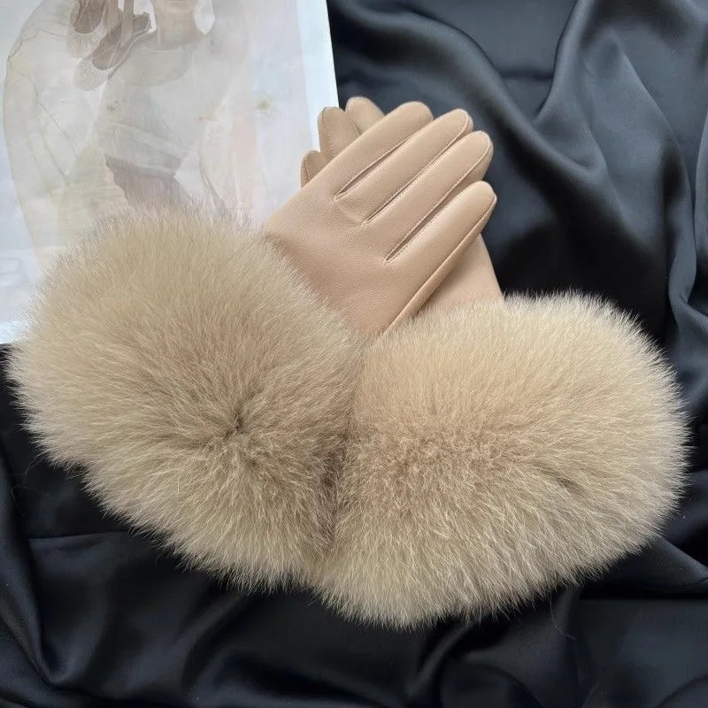 

Natural Fox Fur Sheepskin Warm Leather Gloves for Women Winter Plus Velvet Genuine Leather Outdoor Drive Windproof Gloves Female
