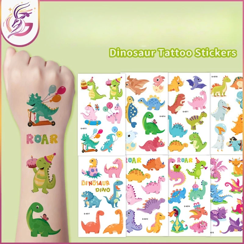 

Наклейки-тату с динозаврами, милые красочные рисунки T-Rex и динозавров, водонепроницаемые, безопасные, нетоксичные для детей, подарок на день рождения, активность