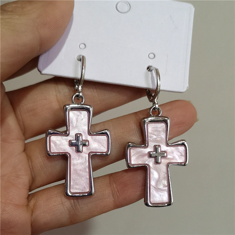 New Gothic Cute Harajuku Y2K Pink Large Cross Pendants Earrings For Women Charm 2000s EMO Aesthetic Party Accessories Jewelry