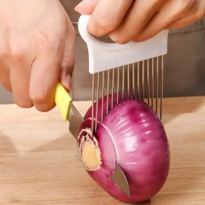 Stainless Steel Onion Cutter Holder Food Slicers Assistant Tomato Onion Slicer Holder Vegetables Cutting Fork Kitchen Gadgets