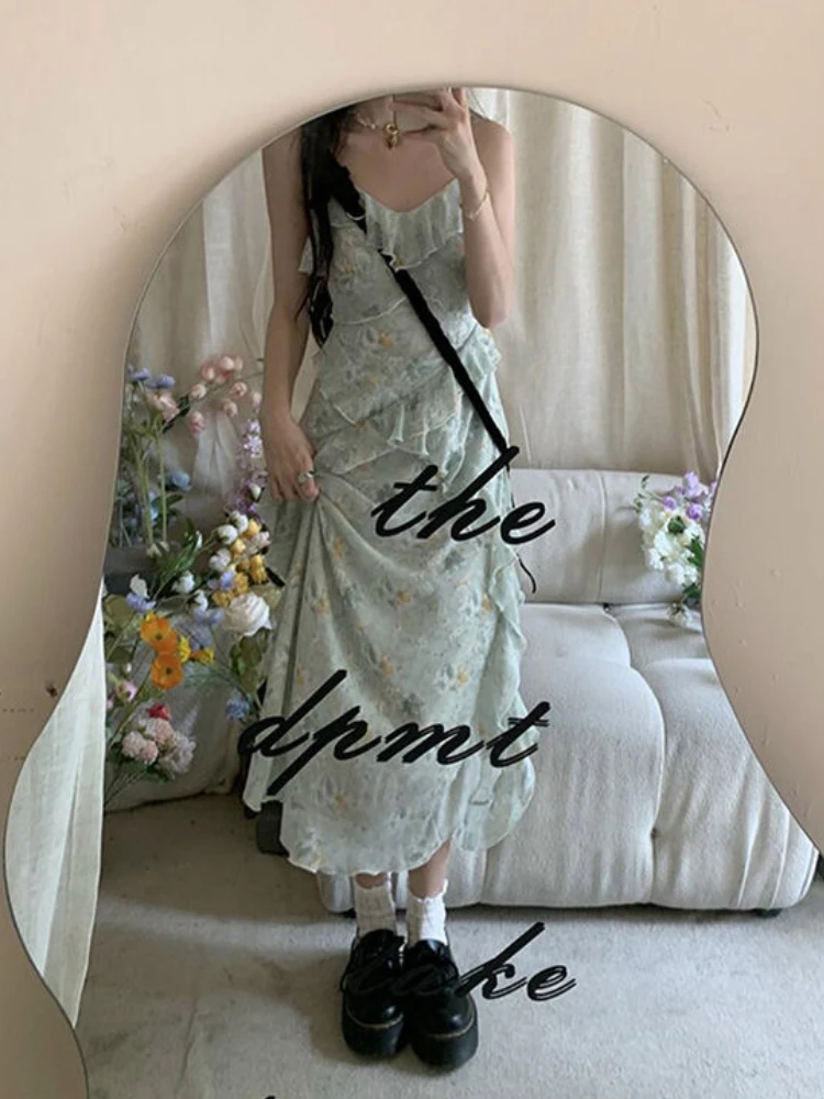 여성용 프릴 페어리코어 미디 드레스, 프렌치 스타일, 빈티지 프린트, 세련된 미적, 불규칙 디자인 공주, 여름