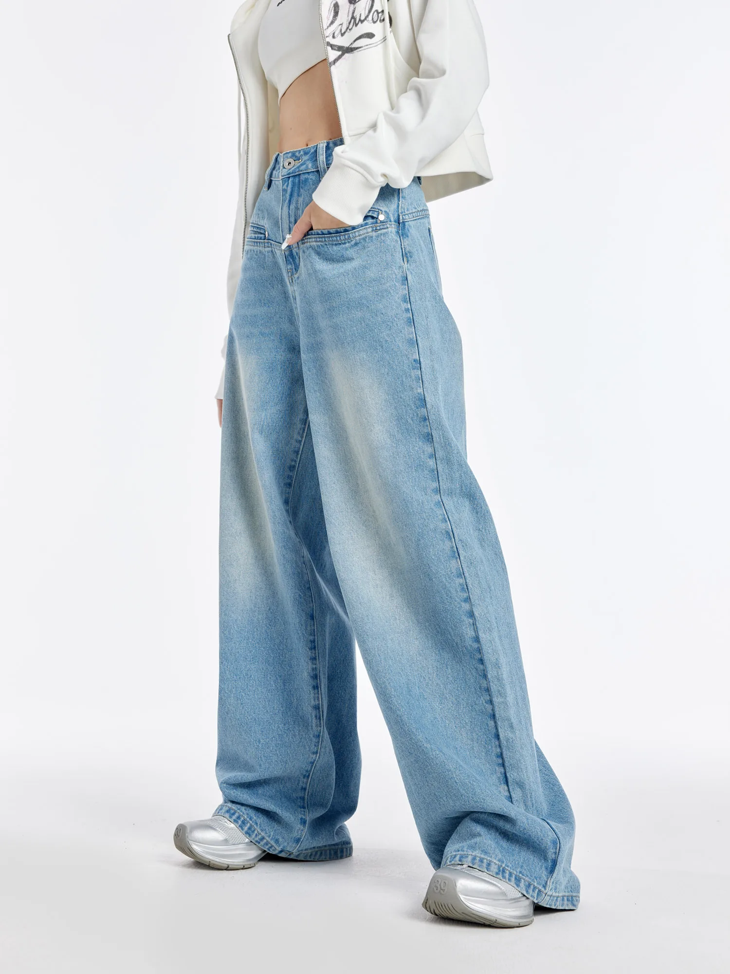 Guukahero Women's Wide Leg Jeans High Waist Patchwork Straight Loose Fit Long Pants Vintage Washed Blue Cotton Blend