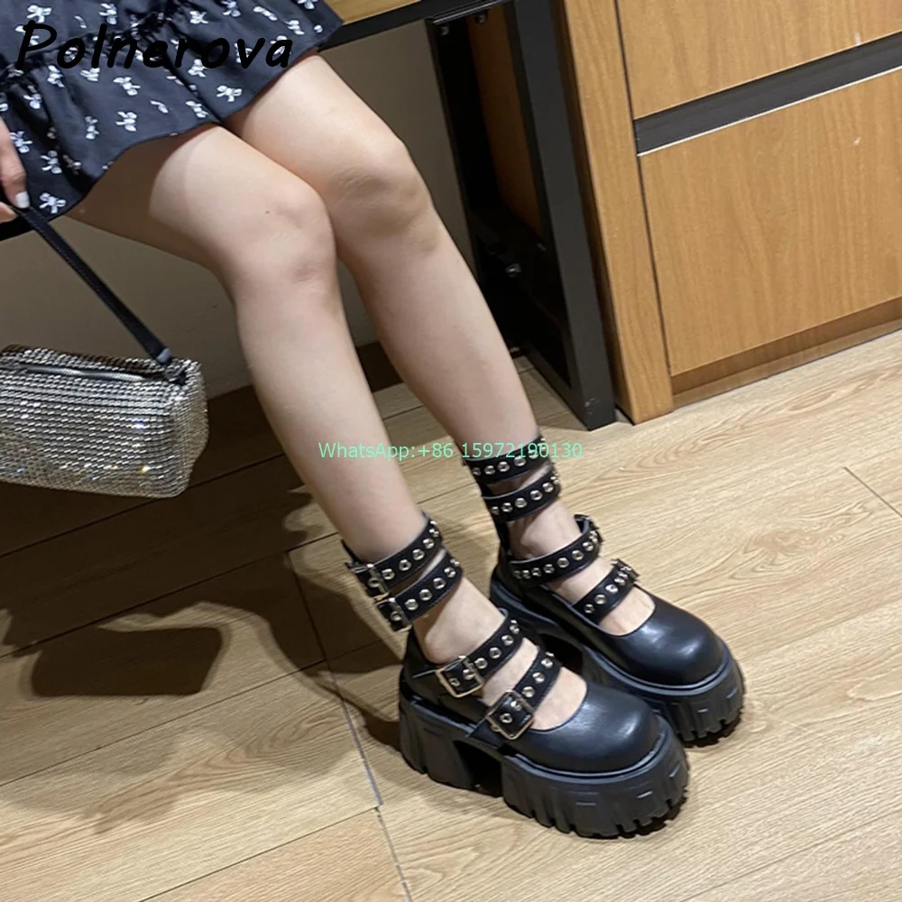 Black Leather Hollow Mary Jane Pumps Round Toe Buckle Strap Platform Chunky Heels Boots Dark Punk Cool Girls High Increase Shoes