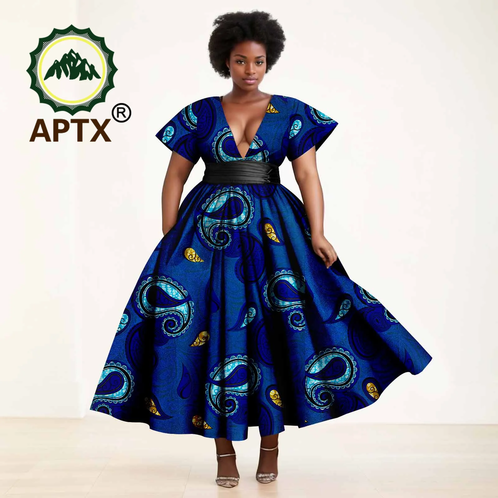 Vestido feminino estampado ankara manga curta decote em v com cinto e tornozelo, vestidos casuais africanos, festa de casamento, dashiki