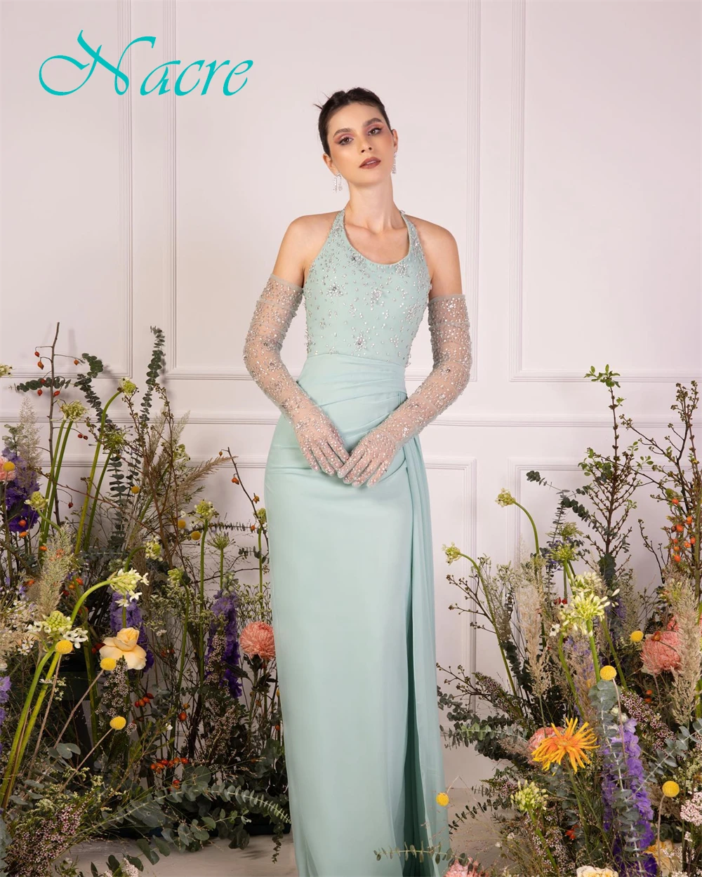 Op maat gemaakte prachtige jersey halter avondjurk Delicate mouwloze galajurken Luxe sweep trein Jurken voor speciale gelegenheden