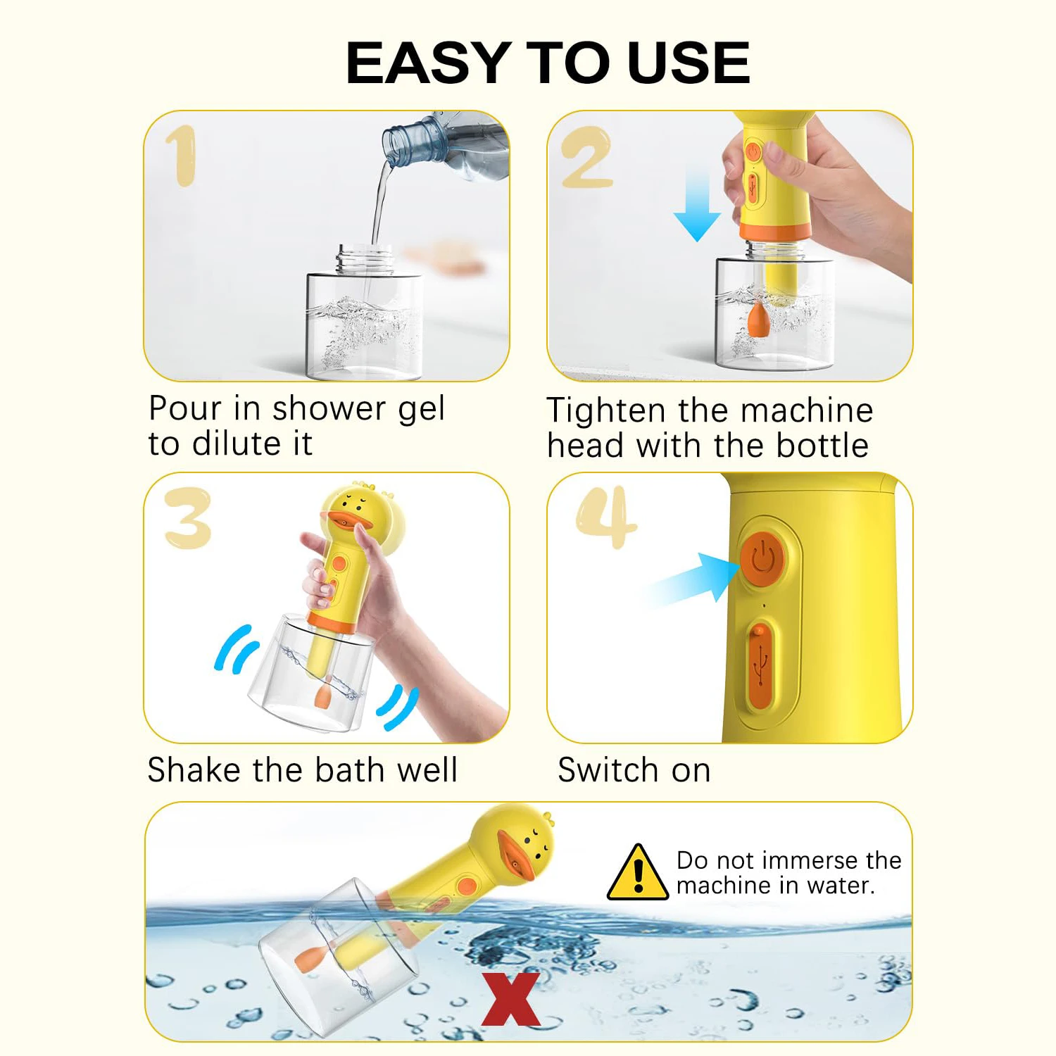 Yellow Duck Shape Cleaning Bath Electric Foam Dispenser USB Rechargeable Automatic Foam Dispenser for Cats and Dogs Pets