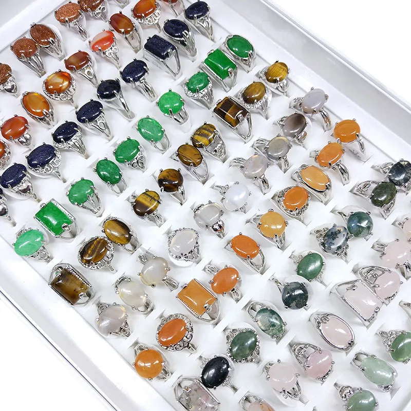 20 teile/los Großhandel Bunte Oval Naturstein Finger Ringe Für Frauen Böhmen Mix Stil Silber Farbe Hohl Legierung Metall Schmuck – Detail 13
