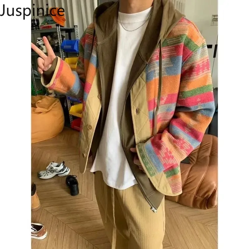 

Juspinice Men's Autumn Coat American Retro Ethnic Loose Contrasting Color Outerwear Light Luxury Style Jacket Male Clothing