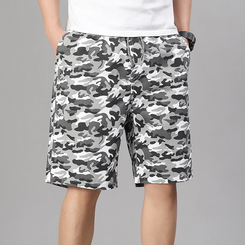 2026 Summer Men's Cotton Camo Shorts Loose Fit Camouflage Beach Shorts 5 Inch Drawstring Elastic Waist Casual Baggy Mens Bottoms