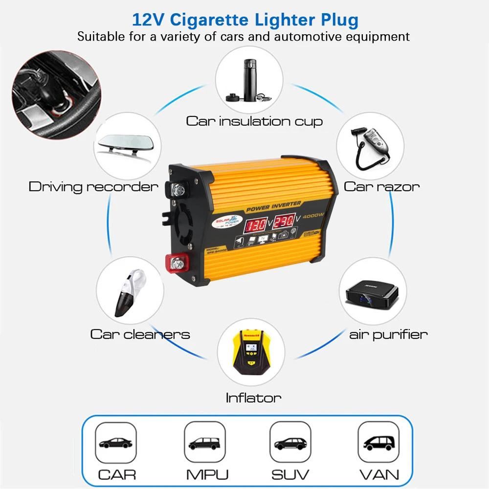 LED Digital Power Inverter Car Inverter Adapter Inverter 12v 220v Voltage Converter Universal Portable 4000W