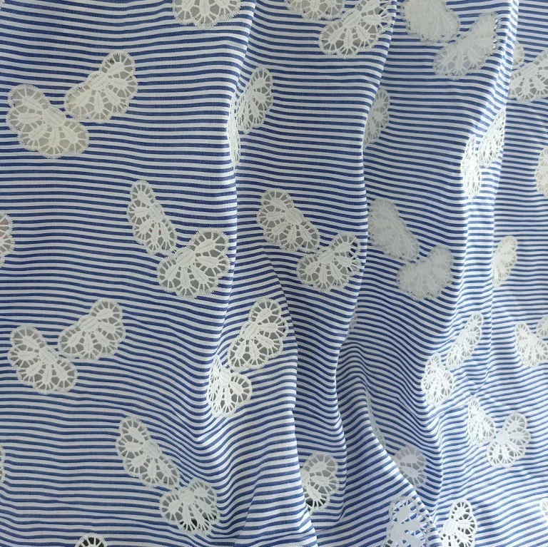 New 100% cotton blue yarn-dyed fabric with laser-cut embroidered butterfly lace embroidery for clothing home decor DIY sewing view 5