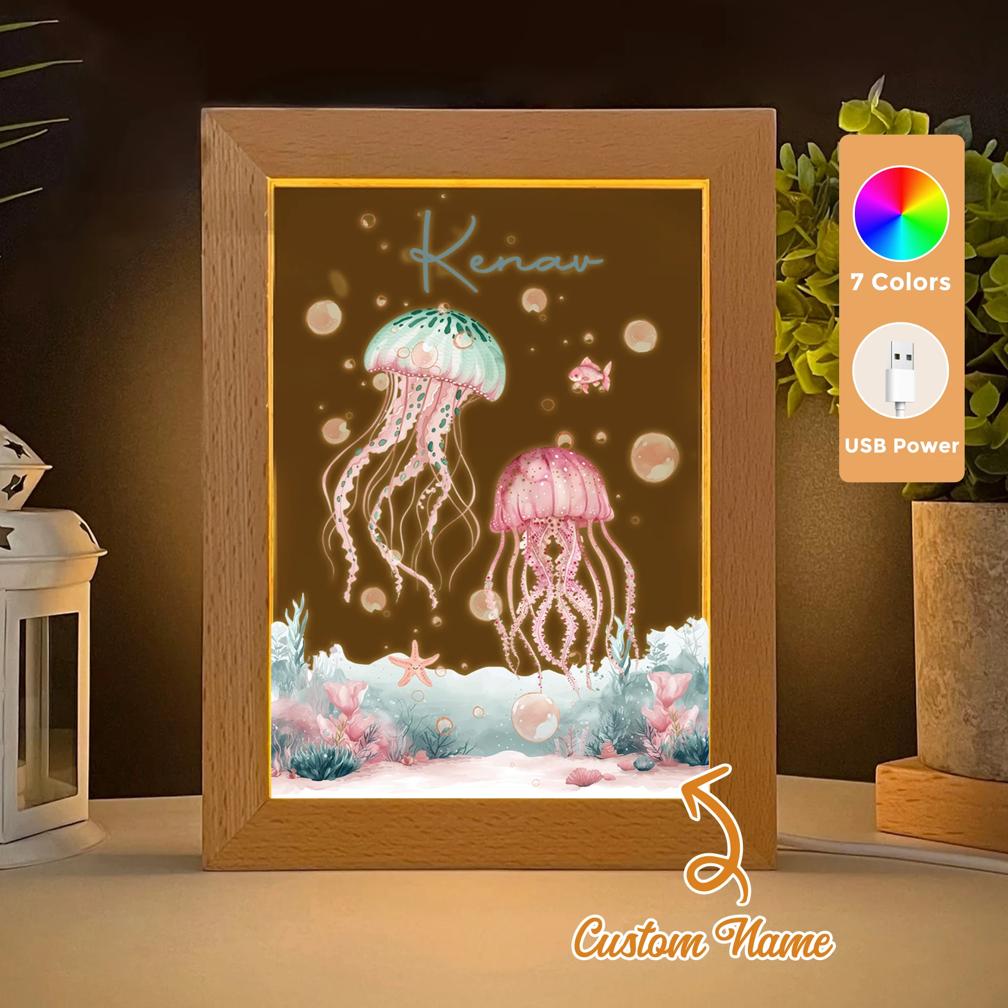 

2D Flat Custom Name Cartoon Jellyfish LED Acrylic Night Light Wood Photo Frame 21x17cm Child Bedroom Gifts Home Decor