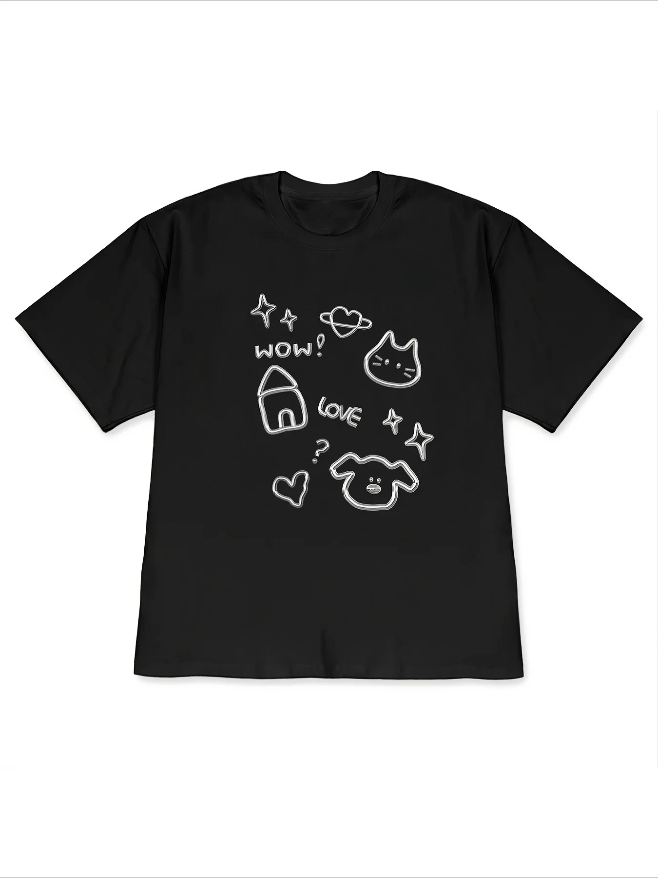 Funny Doodle Cat Dog Graphic Women Tee Summer Short Sleeve Crewneck Tee Harajuku Kawaii Casual Loose Fashion Women Aesthetic Tee