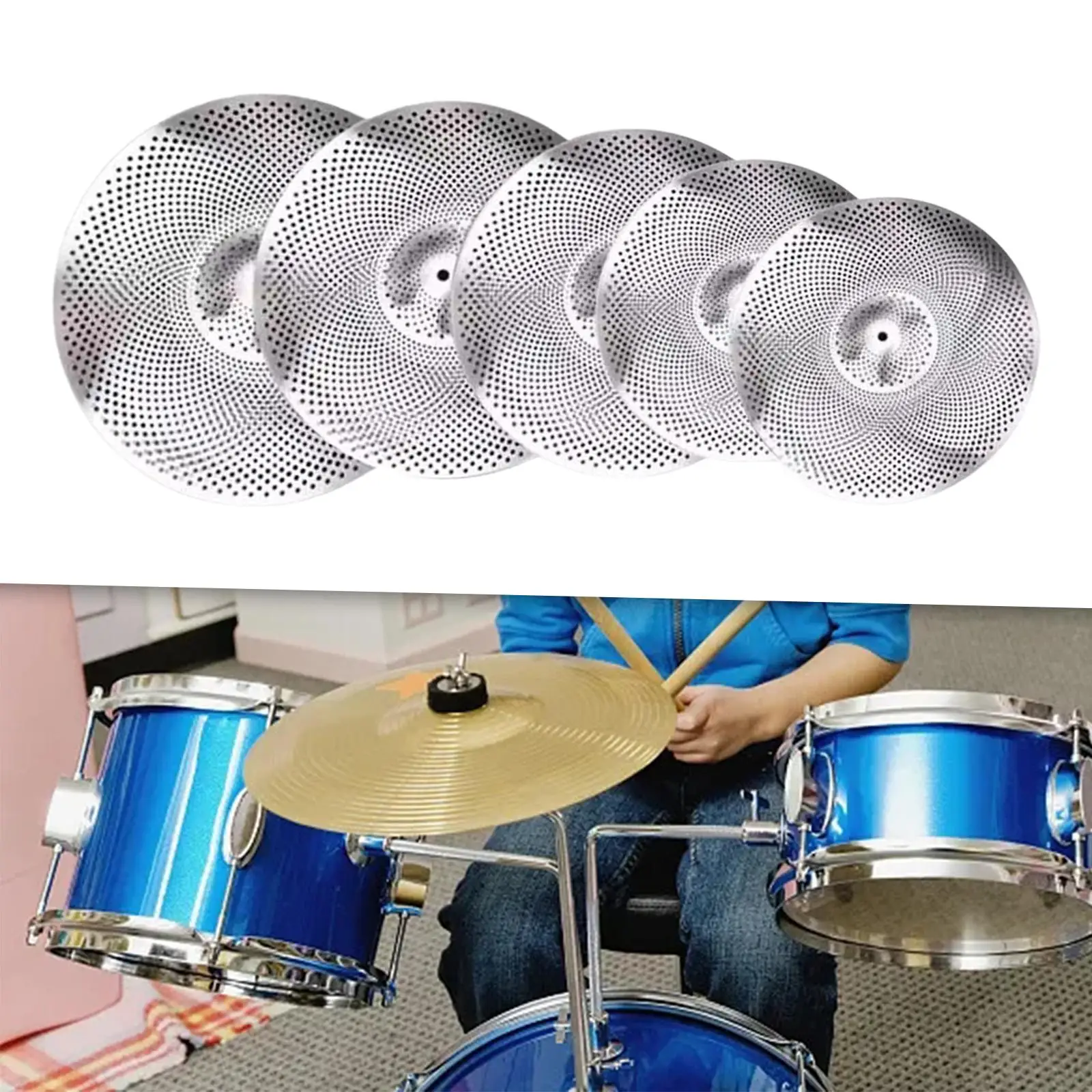 

5Pcs 14" Hi Hat+16" Crash+18'" Rash+20"ride Low Volume Cymbal Pack for Drum Set Rehearsal Room Beginners Bedroom Apartment