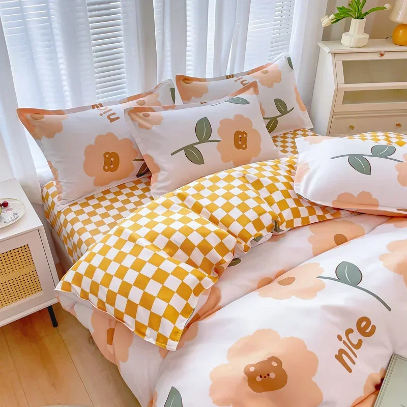 Yellow Floral Duvet Cover Set Queen Size Cute Flowers Printed 3pcs Bedding Thickened Comforter Duvet Cover Set for Girls Women