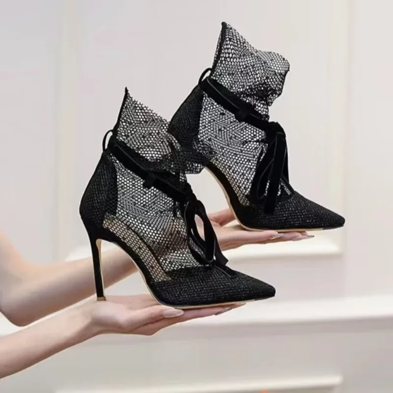 

2025 дышащие женские туфли на высоком каблуке с кружевной сеткой, новые летние очаровательные сандалии Sensation, римские сандалии с острым носком на тонком каблуке и сеткой