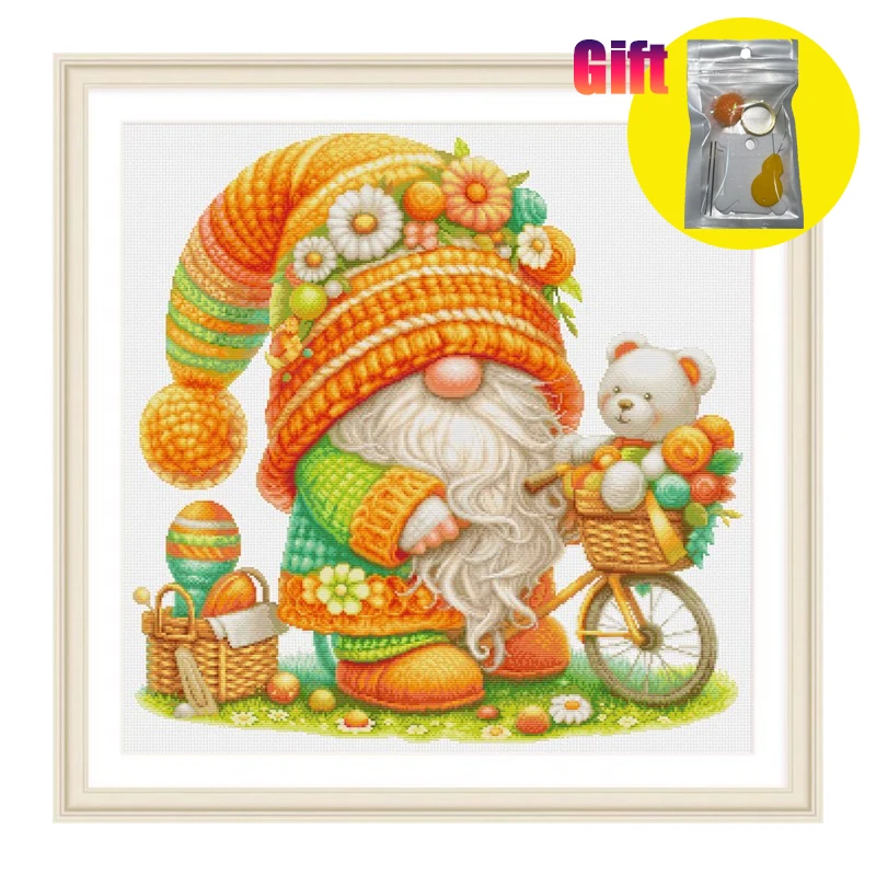 Spring cross stitch diy material bag for adults dwarf wearing an orange hat in autumn Christmas decoration Handcraft embroidery