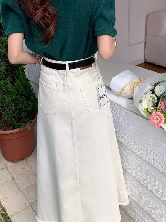 Taille haute a-ligne Fi queue jupe femme Denim jupe Midi avec ourlet effiloché trajet Sle été Faion grande taille