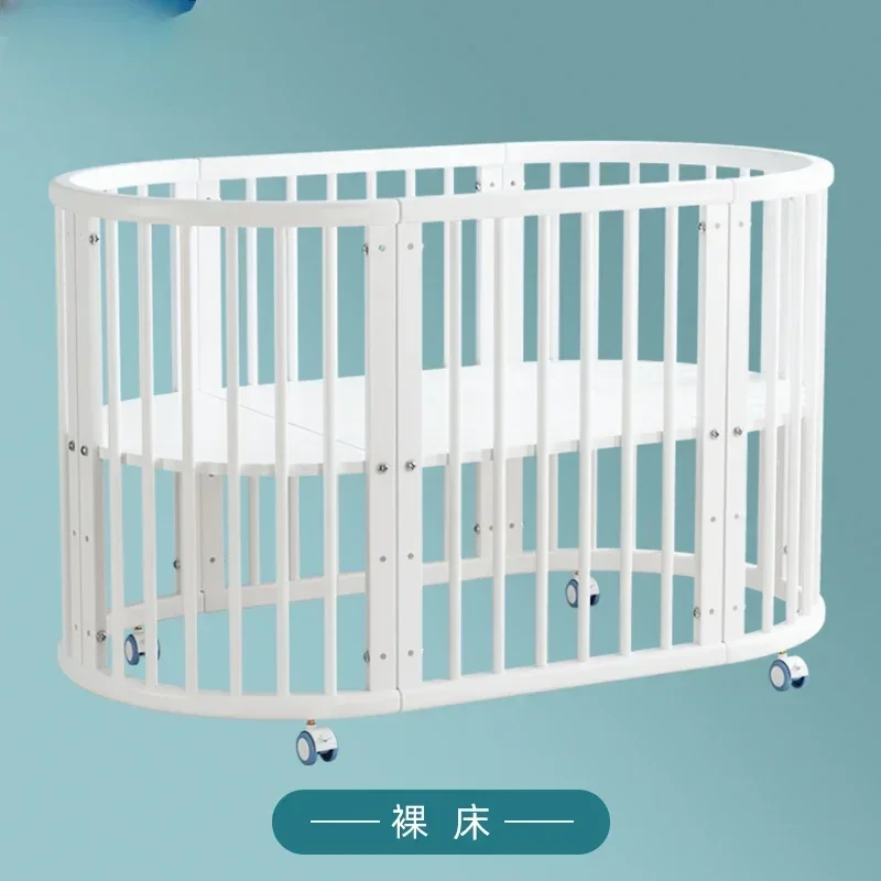 Square crib solid wood European splicing big bed movable newborn crib multifunctional small white round bed
