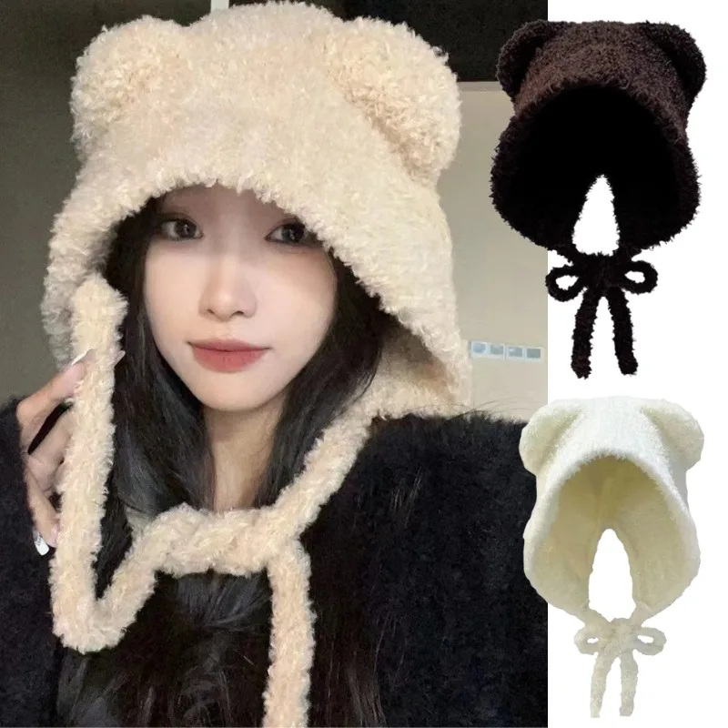 Star Language Cute Bear Warm Knitting Winter Hat for Women Plush Warm Winter Cold Antifreeze Ear Protection Wool Knitted Hat