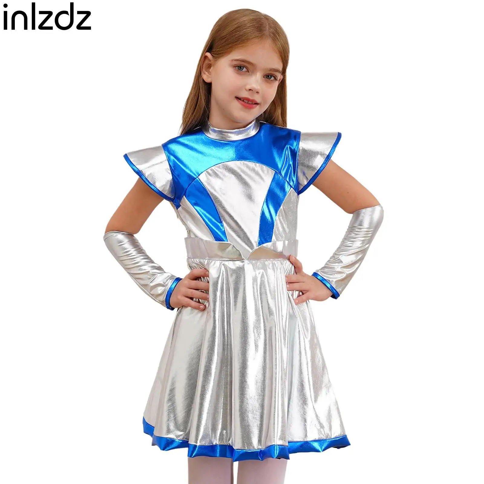 

Kids Girls Halloween Alien Cosplay Costume Outer Space Cutie Costume Cap Sleeve Shiny Metallic Dress with Arm Sleeve