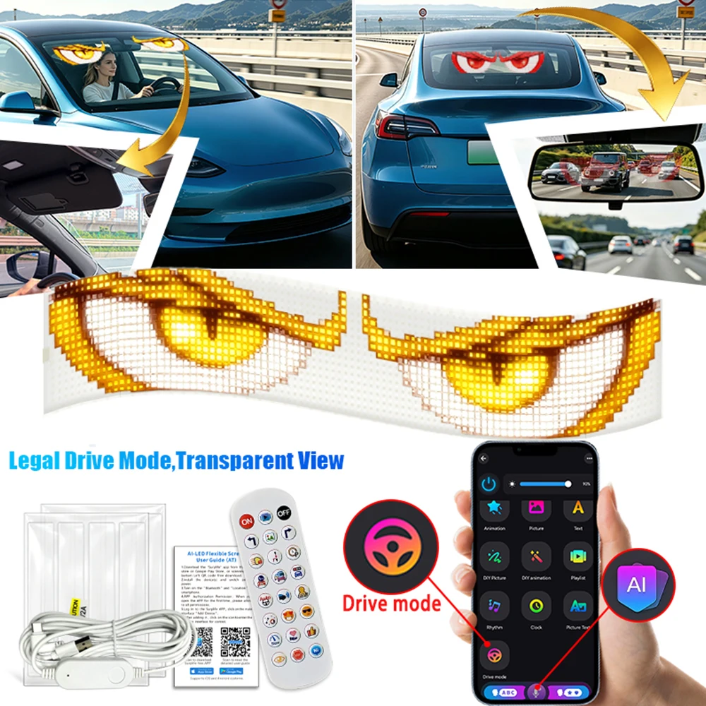 Programmable Car Front Screen LED Sign – 5V USB, Remote+APP Control, Eye-Catching Dynamic Light Effects For All Vehicles