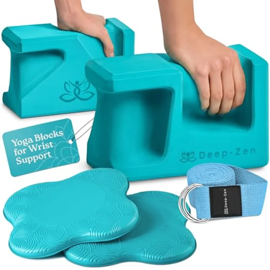 

PRO Yoga Blocks Ergonomic Yoga Block 2 Pack for Wrist Comfort and Support EVA Foam Exercise Blocks, 2x Knee Pads and Yoga Strap