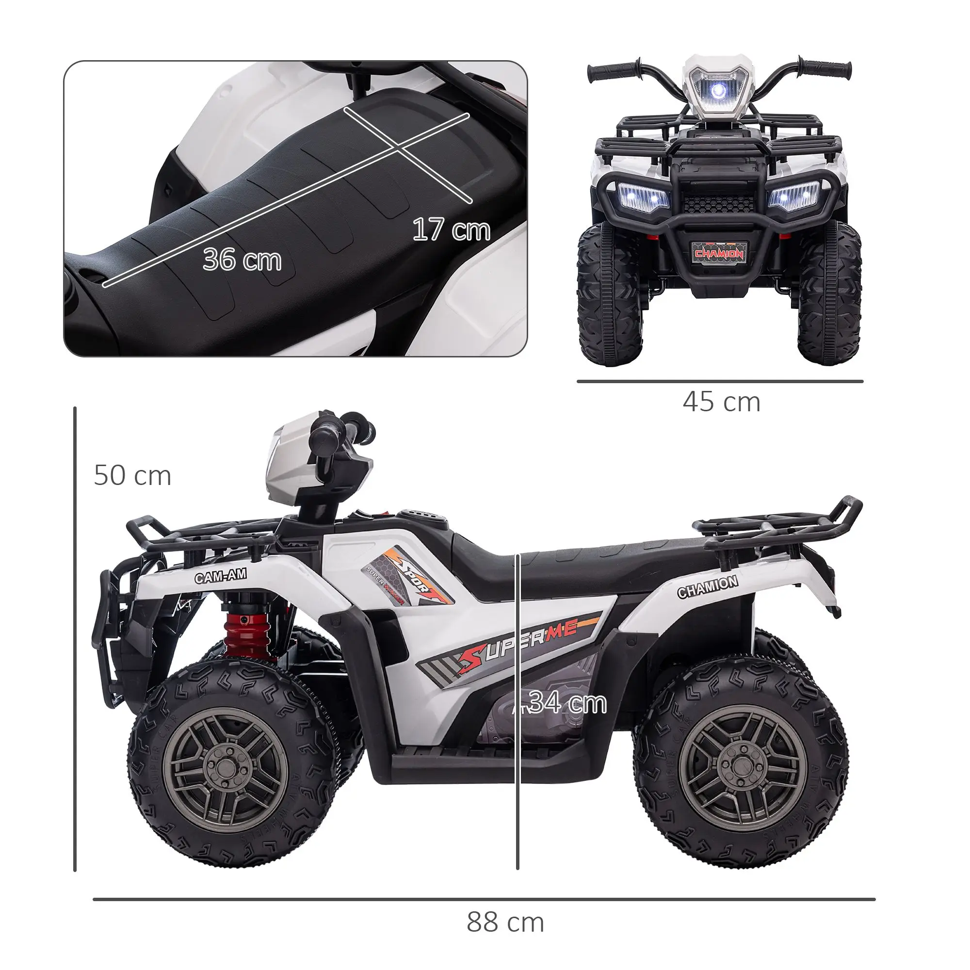 Crianças Elétricas 4 Rodas com Farol, Música, MP3 Pneus Treadados Aosom 12V Ride on ATV para Crianças Alimentado por Bateria Kids Quad Branco