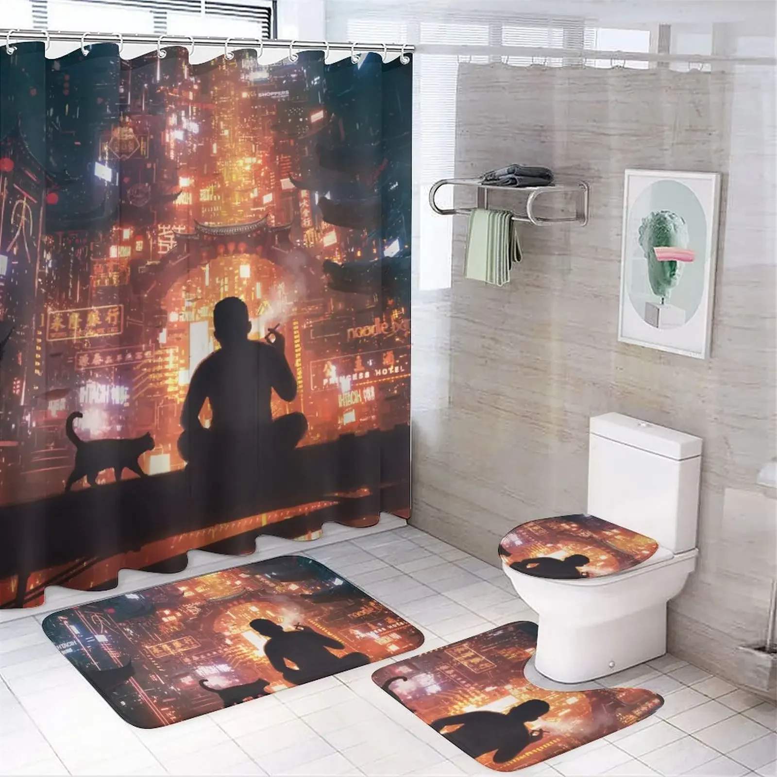 Set of 4 Printed Shower Curtain Decoration Bathroom Waterproof Cover Screen Cushion Toilet  Cover