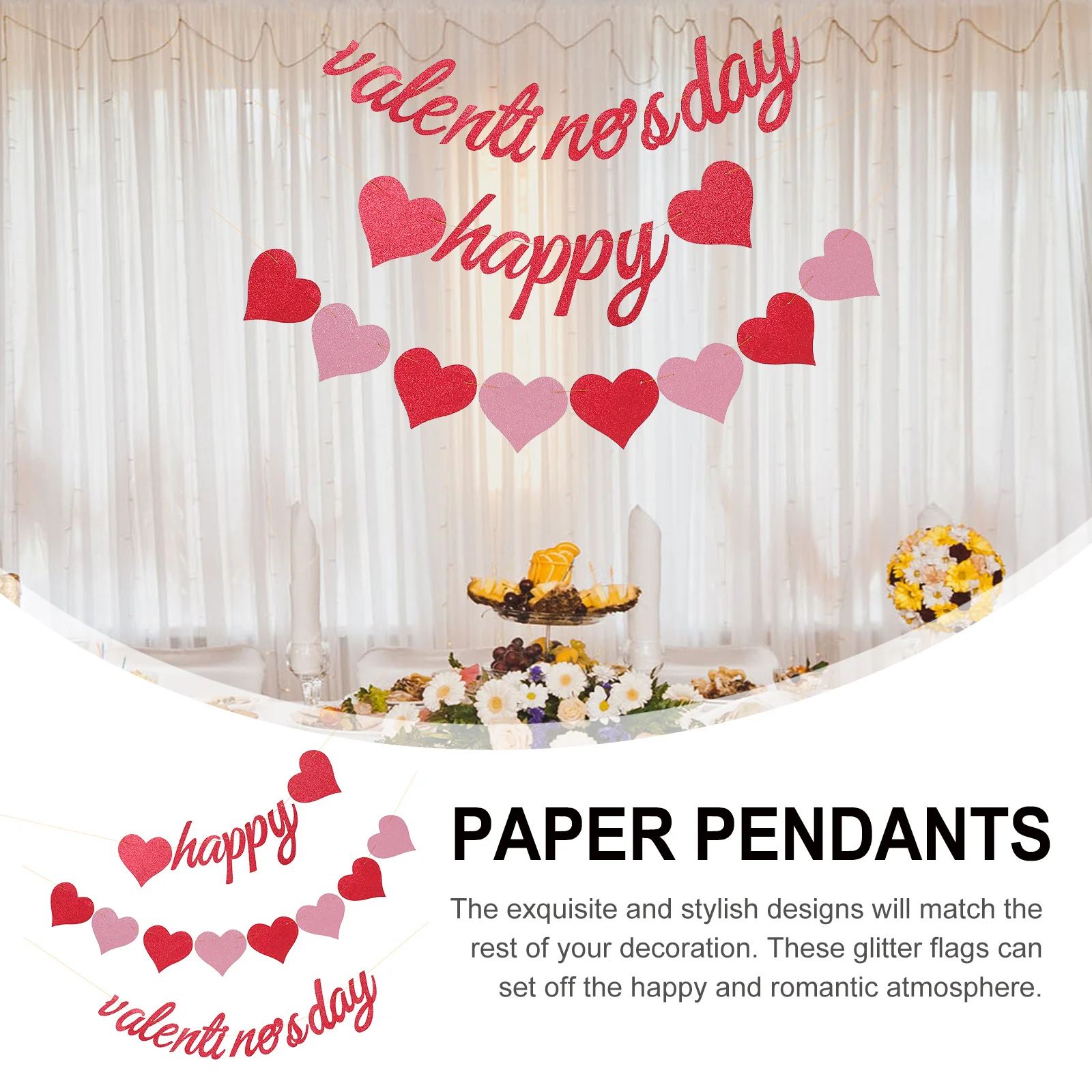 

2Pcs Heart Shape Decorative Hanging Garlands Paper Flags Glitter Wedding Party Decorations Romantic Valentine's Day Buntings