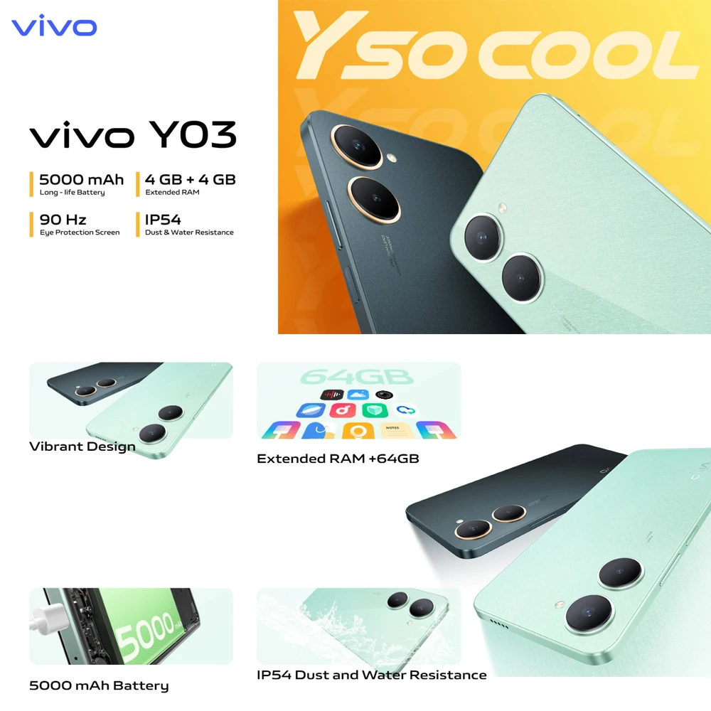 VIVO Y03 4G Fashion Smart Phone with Large Memory 8GB+256GB 5000mAh Long Standby Battery Original 8+256 Model