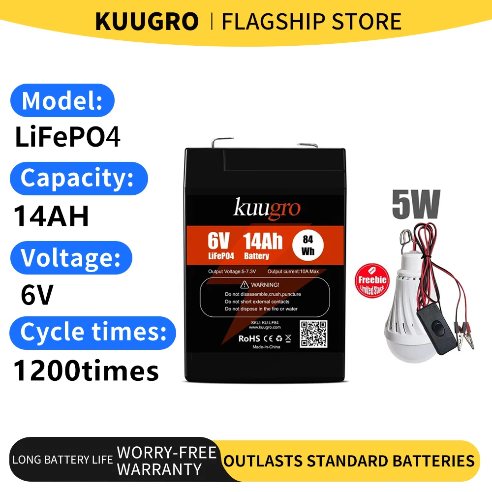 Kuugro 6V 14Ah LiFePO4 Battery with BMS For Emergency Power Electronic Scale Children's Car