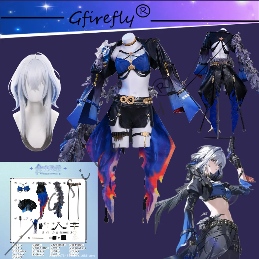 

Wuthering Waves Galbrena Game Character Cosplay Costume Accessories Wig Props Full Halloween Party Dark Blue Uniform Set Costume