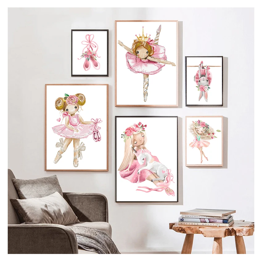 Rabbit Unicorn Nordic Posters And Prints Wall Art Canvas Painting Wall Pictures Kids Room Decor Cute Ballet Girl Rose Flowers