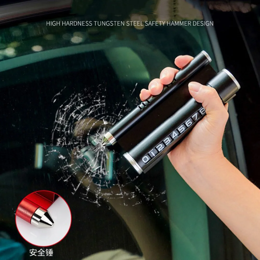 4 In 1 Temporary Stop Sign Alloy Safety Hammer Simple Phone Holder Air Fresher Parking Number Plate Window Breaker Car Interior