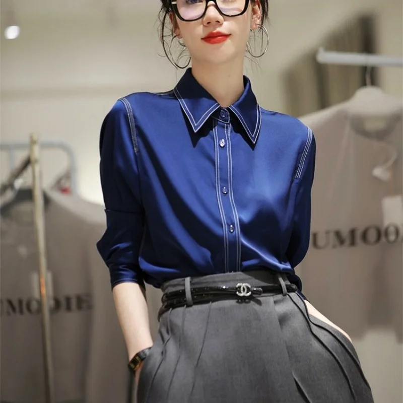 

Women Office Ladies Shirts Spring Autumn Long Sleeve Elegant Bright Lines Stitching Tunic Tops Blue Shirt Blouse Shirts NZ131