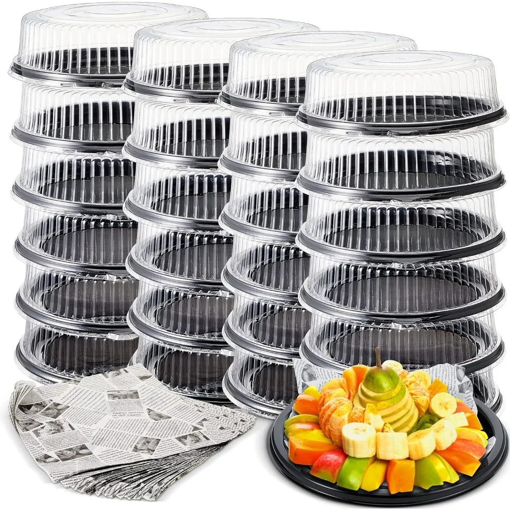 24 Pcs Catering Trays with Clear Lids and 48 Pcs Deli Wax Paper Sheets, Serving Trays Disposable Black Round Platters