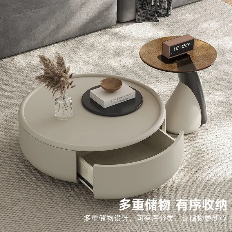 Wabi Sand Cream Wind Rona Coffee Table Living Room Household Small Unit Solid Wood Round Tea Table 2024 New High-end Combination