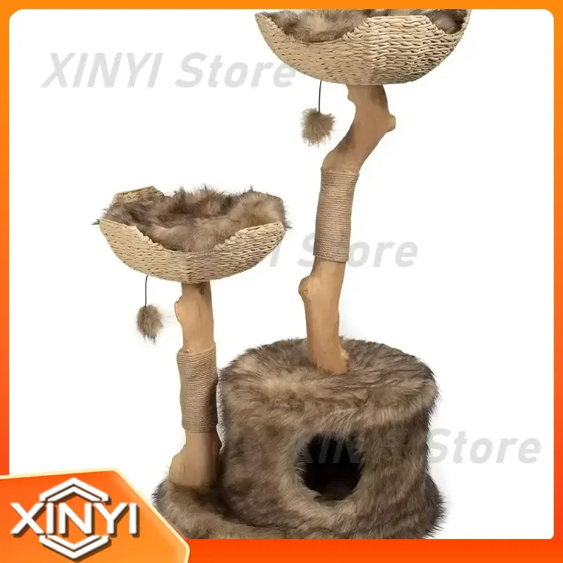 Nordic Modern Cat Tree Tower for Large Cats Real Branch Luxury Condo Wood Scratching Post Climbing Activity Center for Cats